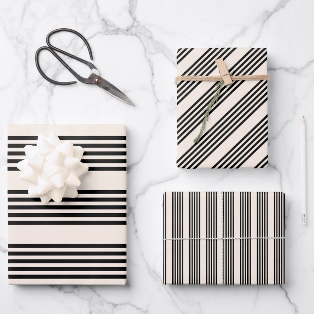 Black and beige five stripe pattern wrapping paper sheets (Front)