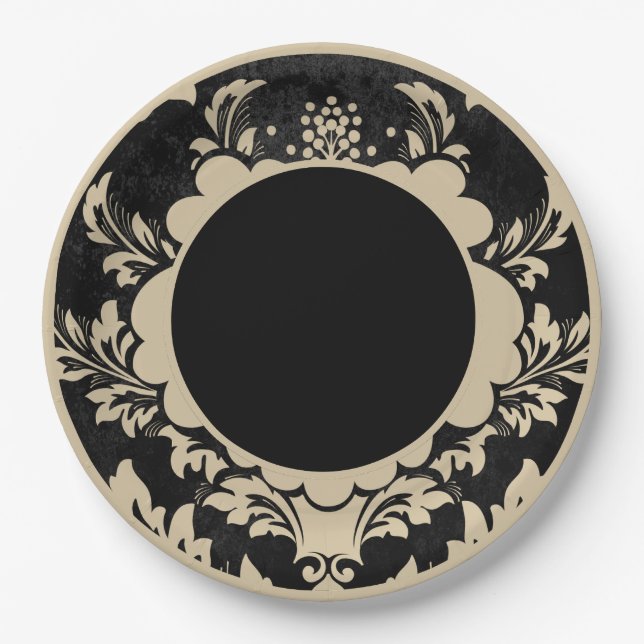 Black and beige floral formal wedding paper plate (Front)