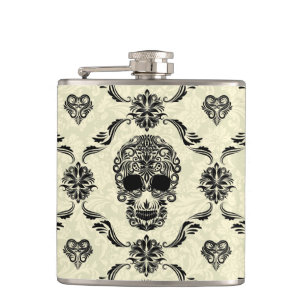 Black And Beige Floral Sugar Skull Hip Flask