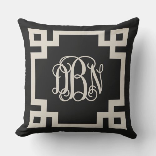 Black and Beige Greek Key Script Monogram DBN Outdoor Pillow
