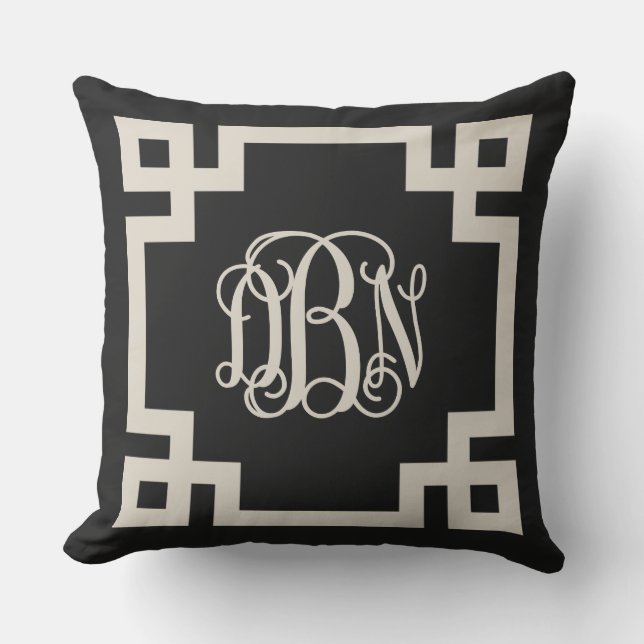 Black and Beige Greek Key Script Monogram DBN Outdoor Pillow (Front)