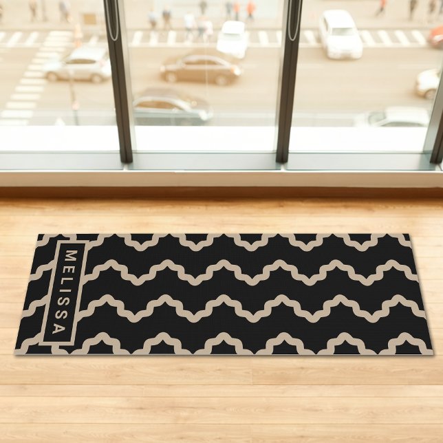Black And Beige Modern Minimal Wavy Lines And Name Yoga Mat (Disclaimer: This image is a digital mockup.)