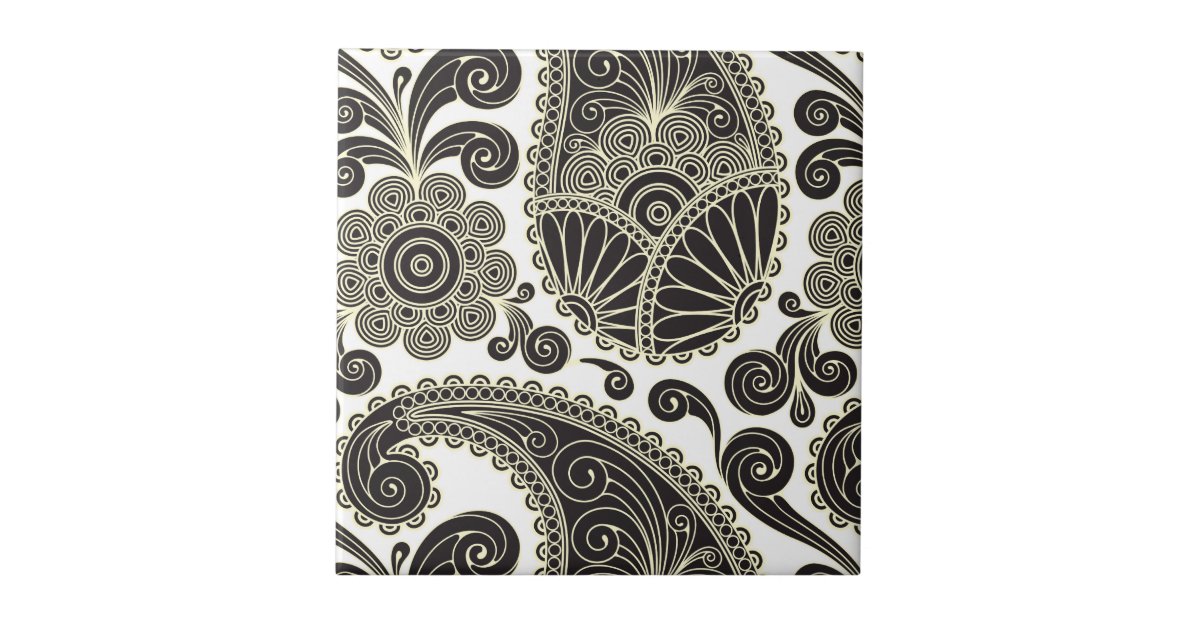 Black and beige paisley ceramic tile | Zazzle