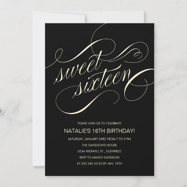 Black and Beige Sweet Sixteen Party Invitations (Front)