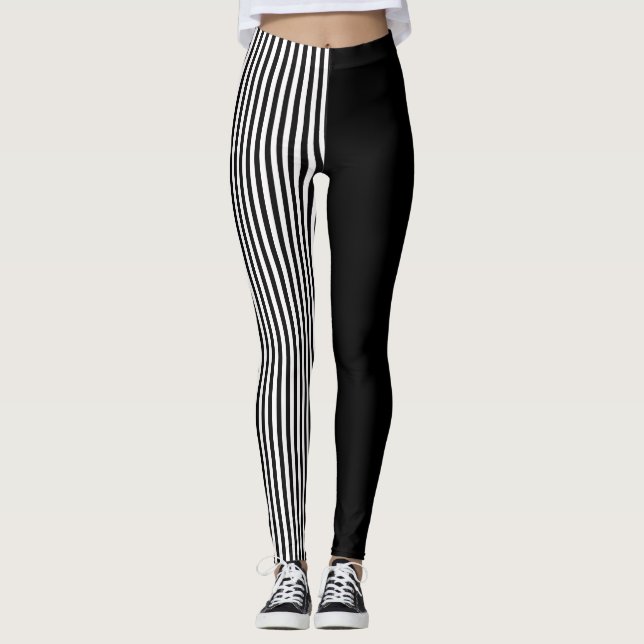 Black And Black & White Stripes Pattern Leggings (Front)