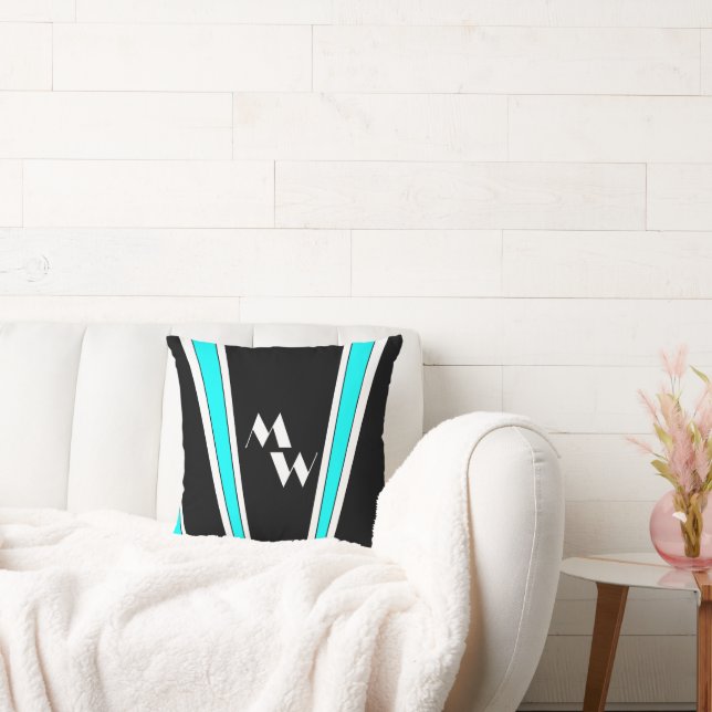 Black And Blue Art Deco Design Monogrammed Throw Pillow (Couch)