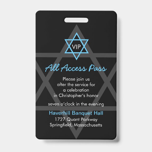 Black and Blue Bar Mitzvah Reception Invite Badge (Front)