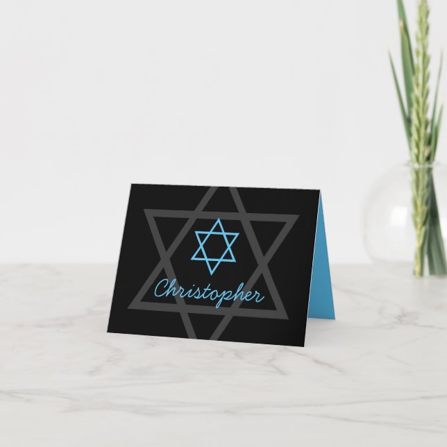 Black and Blue Bar Mitzvah Thank You Note Card (Front)