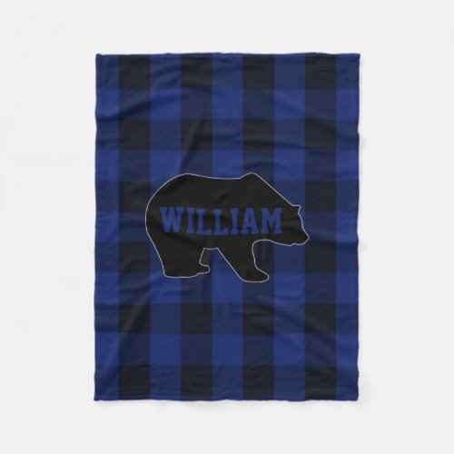 Black and Blue Buffalo Check Bear Monogram Fleece Blanket