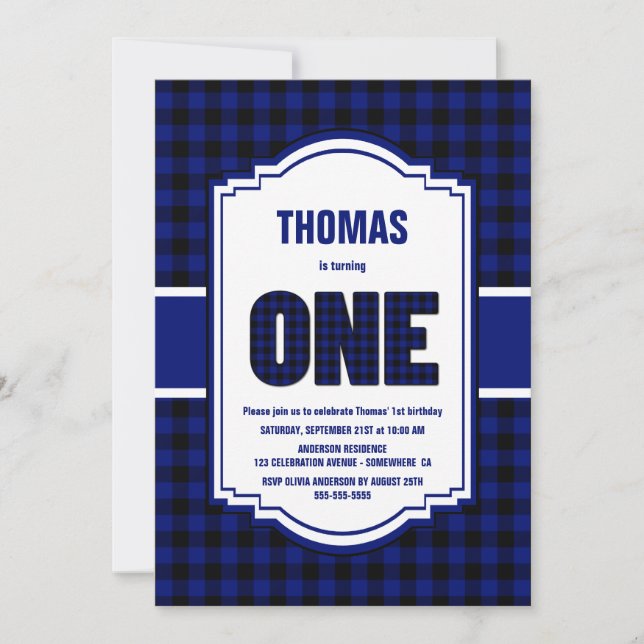 Black and Blue Buffalo Plaid 1st Birthday Party Invitation (Front)