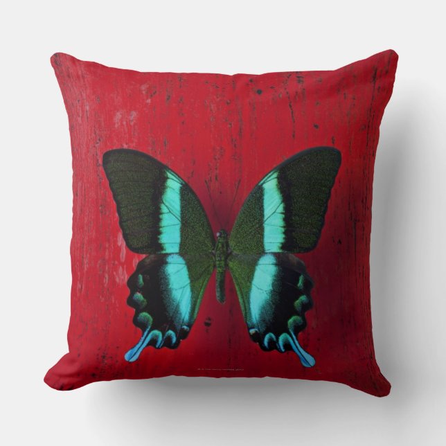 Black and blue butterfly on red wall throw pillow (Front)
