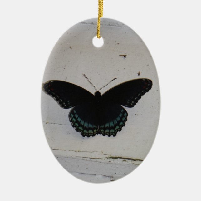 Black and Blue Butterfly on white washed wood Ceramic Ornament (Front)