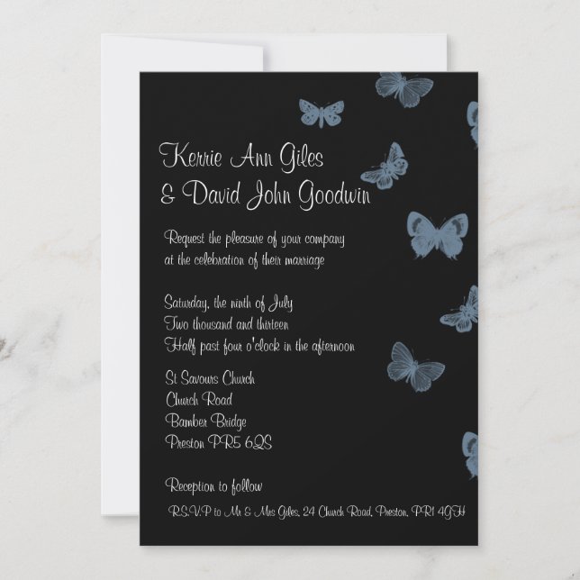 Black and Blue Butterfly Wedding Invitations (Front)