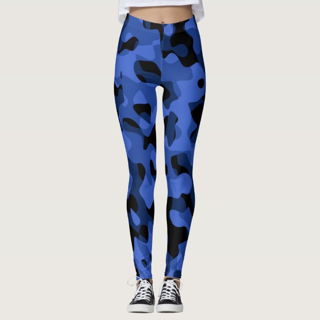 Black and Blue Camouflage Print Pattern Leggings (Front)