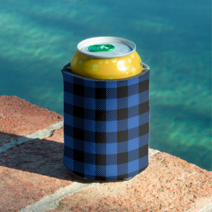 Black and Blue Checkered Buffalo Pattern Can Cooler