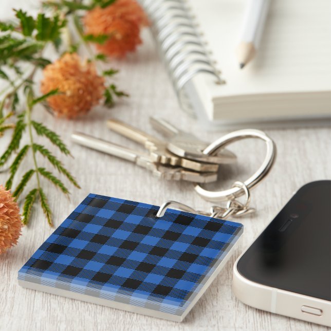 Black and Blue Checkered Buffalo Pattern Keychain (Front Right)