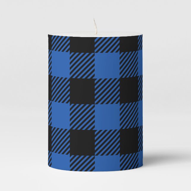 Black and Blue Checkered Buffalo Pattern Pillar Candle (Front)