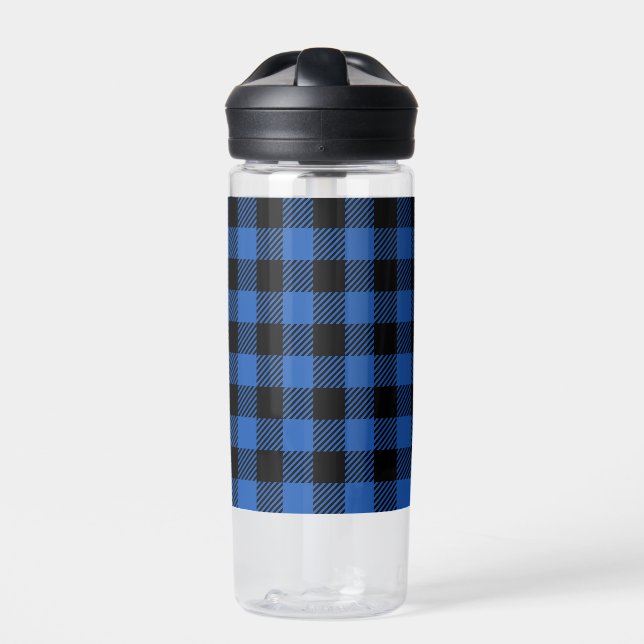 Black and Blue Checkered Buffalo Pattern Water Bottle (Front)