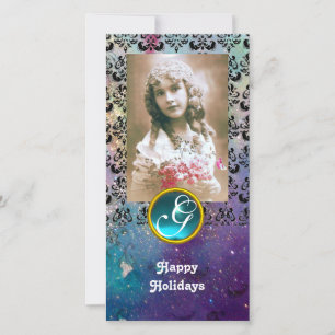 BLACK AND BLUE DAMASK Aquamarine Monogram Holiday Card