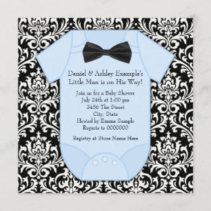Black and Blue Damask Baby Boy Shower Invitation