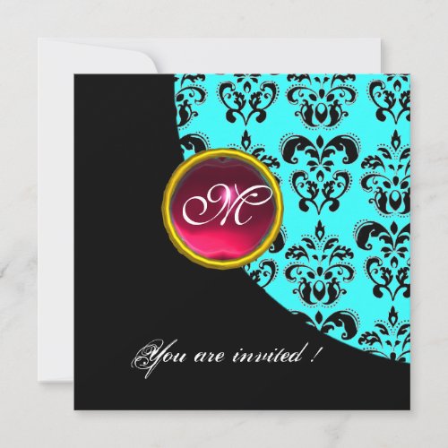 BLACK AND BLUE DAMASK MONOGRAMred rubyturquase Invitation