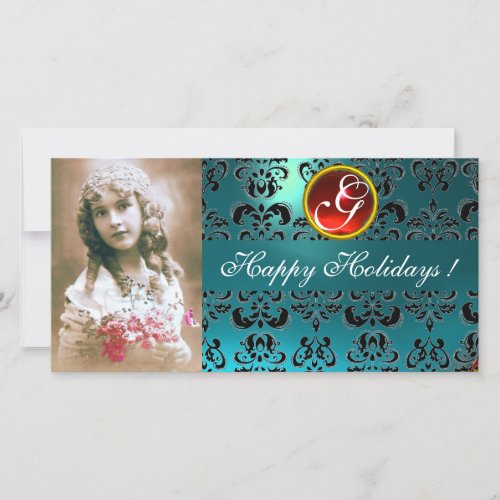 BLACK AND BLUE DAMASK Red Ruby Monogram Holiday Card