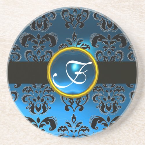 BLACK AND BLUE DAMASK Sapphire Monogram Drink Coaster