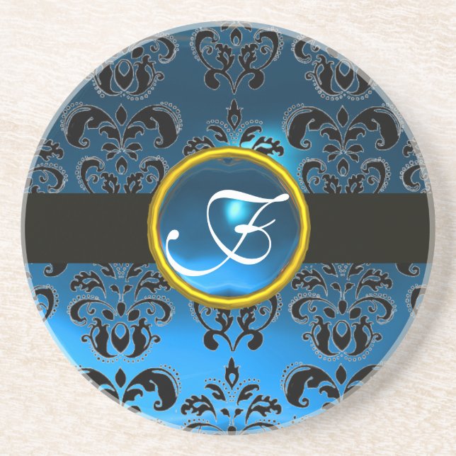 BLACK AND BLUE DAMASK Sapphire Monogram Drink Coaster (Front)