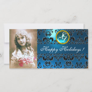 BLACK AND BLUE DAMASK Sapphire Monogram Holiday Card