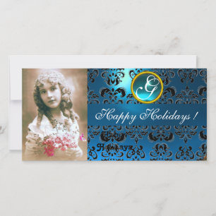 BLACK AND BLUE DAMASK Sapphire Monogram Holiday Card
