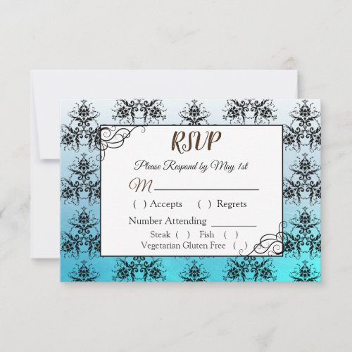 Black and Blue Damask Wedding RSVP card