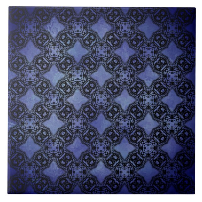 Black and Blue Diamond Chains Pattern Ceramic Tile (Front)