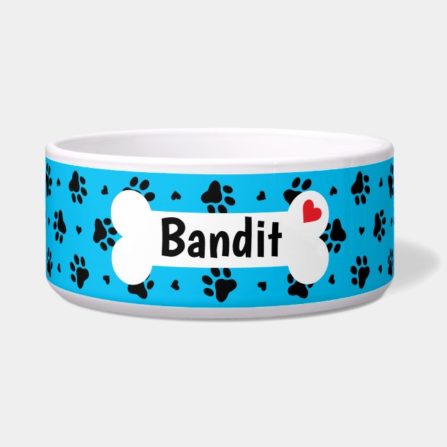 Black and Blue Dog Paw Prints and Hearts Pattern Bowl (Front)