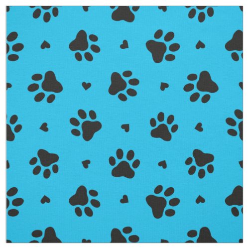 Black and Blue Dog Paw Prints and Hearts Pattern Fabric