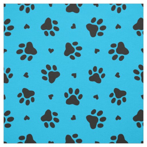 Black and Blue Dog Paw Prints and Hearts Pattern Fabric
