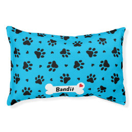 Black and Blue Dog Paw Prints and Hearts Pattern Pet Bed