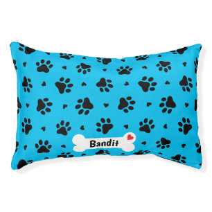Black and Blue Dog Paw Prints and Hearts Pattern Pet Bed