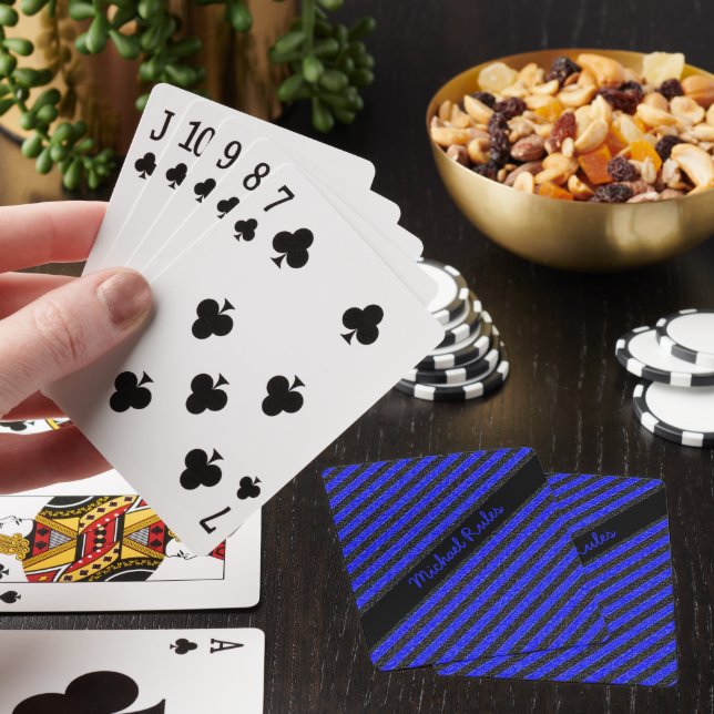 Black and Blue Faux Glitter Diagonal Stripes Name  Poker Cards (In Situ)
