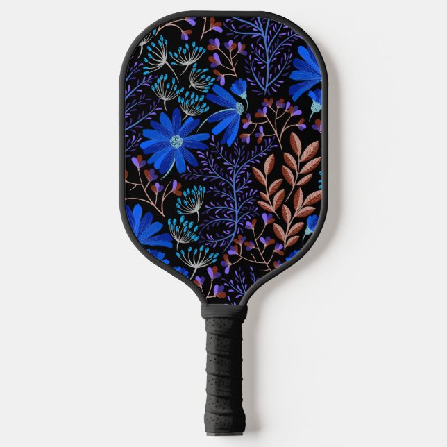 Black and Blue flowers simple Pickleball Paddle (Front)