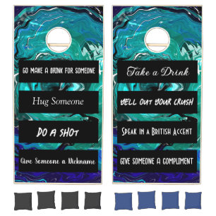 Black and Blue Fluid Art Funny Rules Cornhole Set