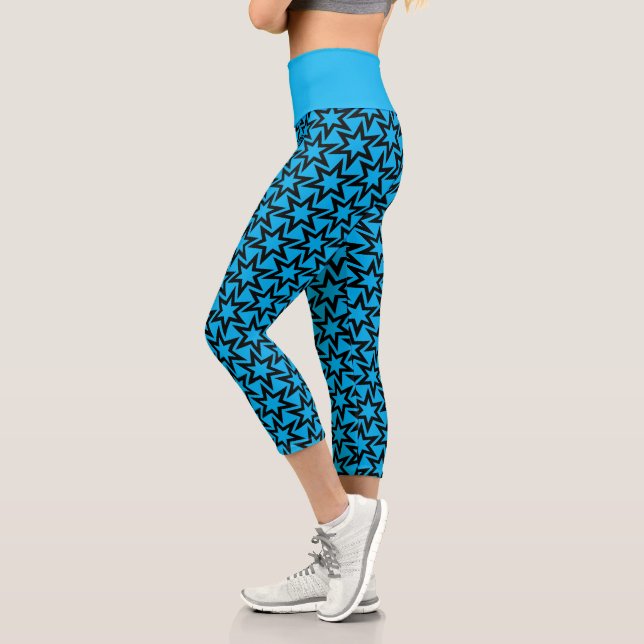 Black and Blue Geometric Star Pattern Capri Leggings (Left)