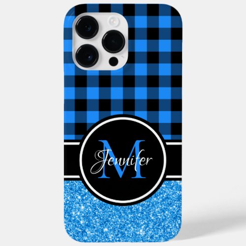 Black and Blue Glitter Buffalo Plaid Monogram Case_Mate iPhone 14 Pro Max Case