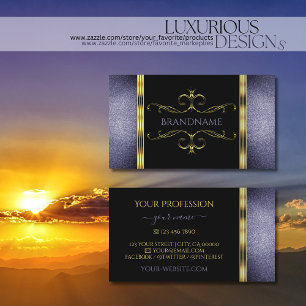 Black and Blue Glitter Gold Border Ornate Decor Business Card