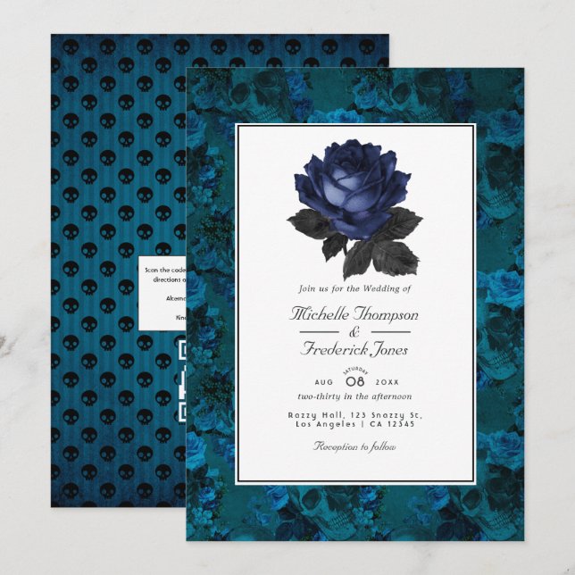 Black and Blue Gothic Floral QR Code RSVP Wedding Invitation (Front/Back)
