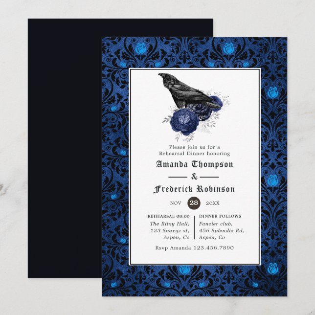 Black and Blue Gothic Floral Rehearsal Dinner Invitation (Front/Back)