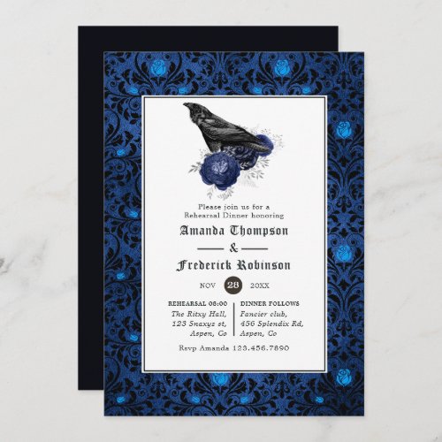 Black and Blue Gothic Floral Rehearsal Dinner Invitation