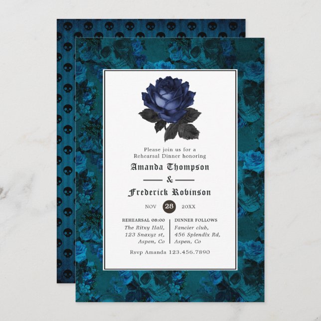 Black and Blue Gothic Floral Rehearsal Dinner Invitation (Front/Back)