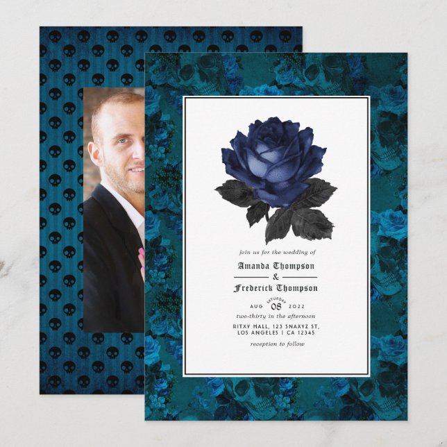 Black and Blue Gothic Floral Wedding Photo Invitation (Front/Back)