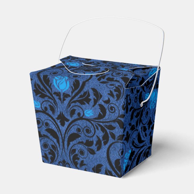 Black and Blue Gothic Roses Damask Favor Boxes (Front Side)