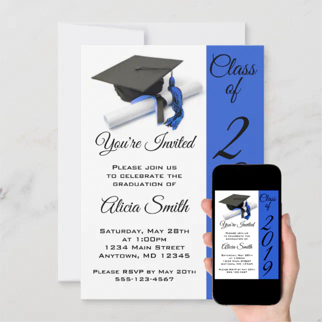 Black and Blue Graduation Cap and Tassel Invitation | Zazzle